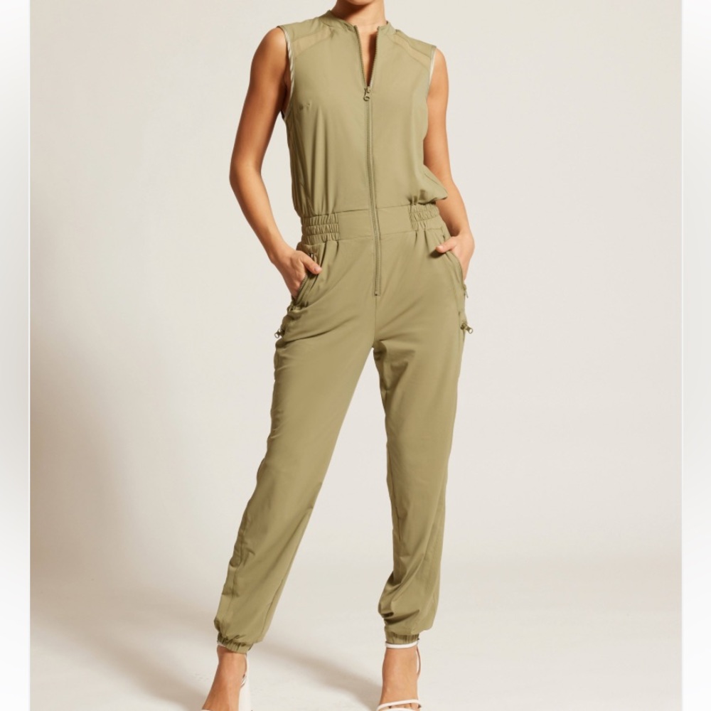 Blanc Noir Indicator Jumpsuit Green Sleeveless Elastic Waist Cargo Style